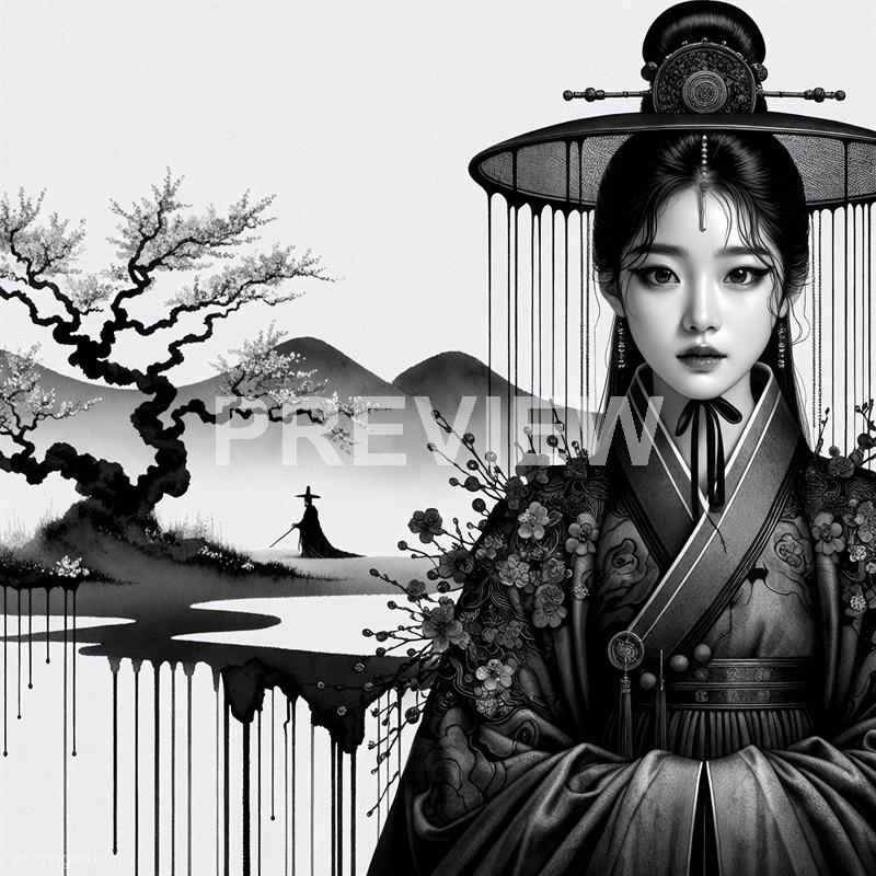 The image features a young woman dressed in traditional Asian attire with intricate embroidery, standing in front of a serene landscape depicted in monochrome. The background showcases a stylized scene with a twisted, blossoming tree, distant mountains, and a figure in traditional clothing walking along a path near a river, all rendered in a painting-like style. The woman's elaborate hairstyle and accessories, along with her poised expression, add a regal and historical feel to the composition.
